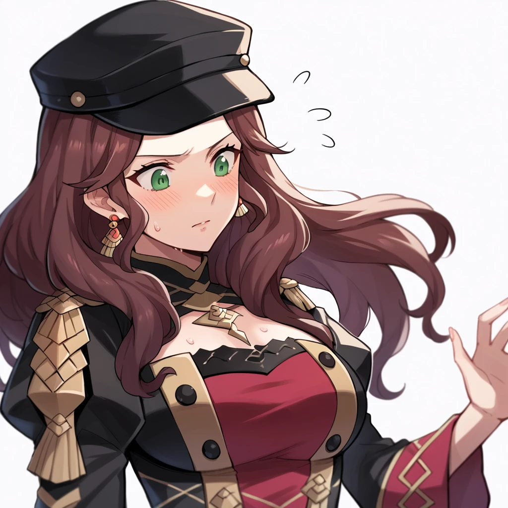 score_9, score_8_up, score_7_up, source_anime, Dorothea (Fire Emblem), bust shot, close-up, black headwear, (black long-sleeve uniform), brown hair, dangle earrings, gold trim, green eyes, jewelry, large breasts, long hair, black peaked cap, black hat, look down, aroused facial expression, blush, sweat