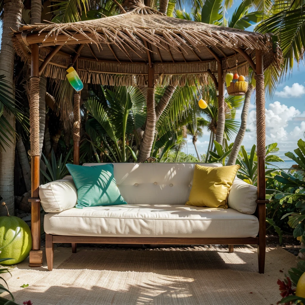 Instead of a traditional cocktail glass, the painting depicts a luxurious day bed or chaise longue, which has become a surreal and fruity "cocktail" experience. The sofa bed is nestled in a lush tropical setting, with palm fronds, vibrant flowers and other green foliage surrounding it. The base of the sofa is filled with an abundance of tropical fruits - sliced ​​pineapple, mango, dragon, kiwi and more - arranged in an artistic, almost sculptural way. From the fruit-filled base emerge the "legs" of the daybed, cleverly disguised as colorful and whimsical cocktail straws. These straws twist and curve, supporting the plush cushions of the daybed and creating the illusion that the entire creation is a larger-than-life cocktail. Lying on the daybed is one or more figures of very small children or toddlers relaxing in a state of pure vacation-inspired bliss and serenity. Maybe they're sipping from a coconut shell or holding a tropical fruit skewer, further reinforcing the cocktail theme. The overall scene should feel surreal, dreamlike and brimming with a sense of adventure and escape. The realistic rendering of the fruit, the sofa bed and the tropical setting will contrast with the playful and imaginative transformation of the furniture into a cocktail-inspired creation. By thinking outside the box and re-imagining the traditional cocktail concept, this painting will captivate the viewer and transport them to a vibrant, exotic and truly unforgettable place in the painting No Women in Any Way or Shape