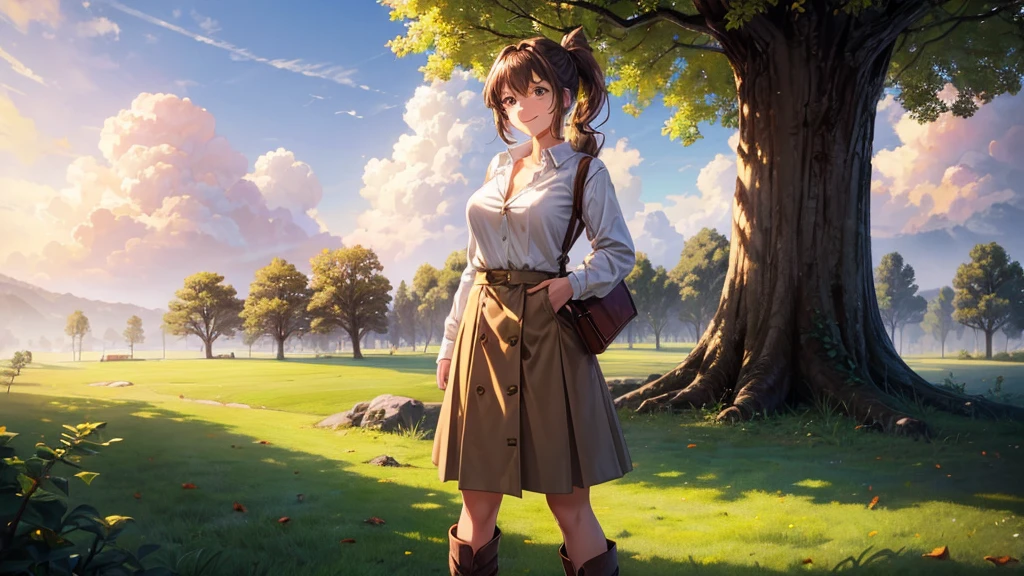 1girl, solo, full body, village, trees, sun, clouds, ((brown hair)), ponytail, large breasts, ((light brown jumper)), button down shirt, ((white shirt)), ((unbuttoned shirt)), green eyes, long skirt, brown boots, smile, happy, looking at the viewer, standing, hair ribbon, golden necklate