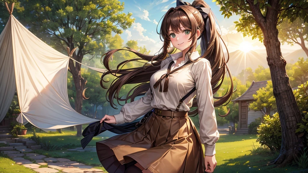 1girl, solo, full body, village, trees, sun, clouds, ((brown hair)), ponytail, large breasts, ((light brown pullover)), button down shirt, white shirt, unbuttoned shirt, green eyes, long skirt, brown boots, smile, happy, looking at the viewer, standing, hair ribbon, golden necklate