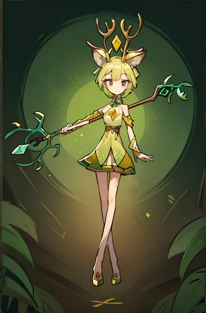Short skirt,Hair intake,Druid Girl,Short skirt,antlers,Holding a staff,Gradient white silk,Grinning,green,gem💎,Off-shoulder,forest,life,Deer ears,Neck strap,Gold decoration