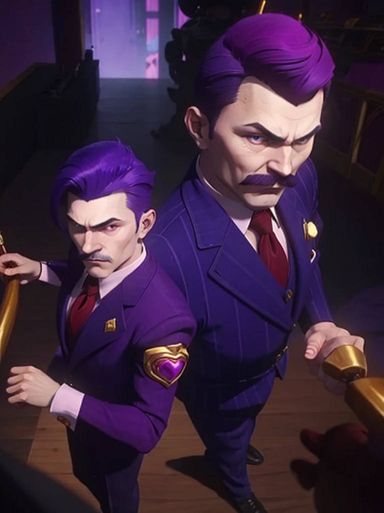  haltmann, purple hair, purple mustache, arms, wearing a dark blue suit with pink vertical lining, pink shirt, red tie, black shoes, gold suit button with a red diamond, pale purple gloves, pink cuffs, pale purple skin, blue eyes, golden earpiece with antenna