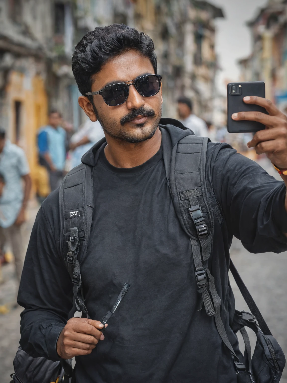 there is a man with a backpack and sunglasses taking a selfie, with accurate face, with sunglass, wearing black sunglasses, with lovely look, portait photo profile picture,  profile picture, very very low quality picture, with sunglasses, without helmet, ayan nag, jayison devadas style, shot on nikon z9, in style of col price, black t shirt and change background 
