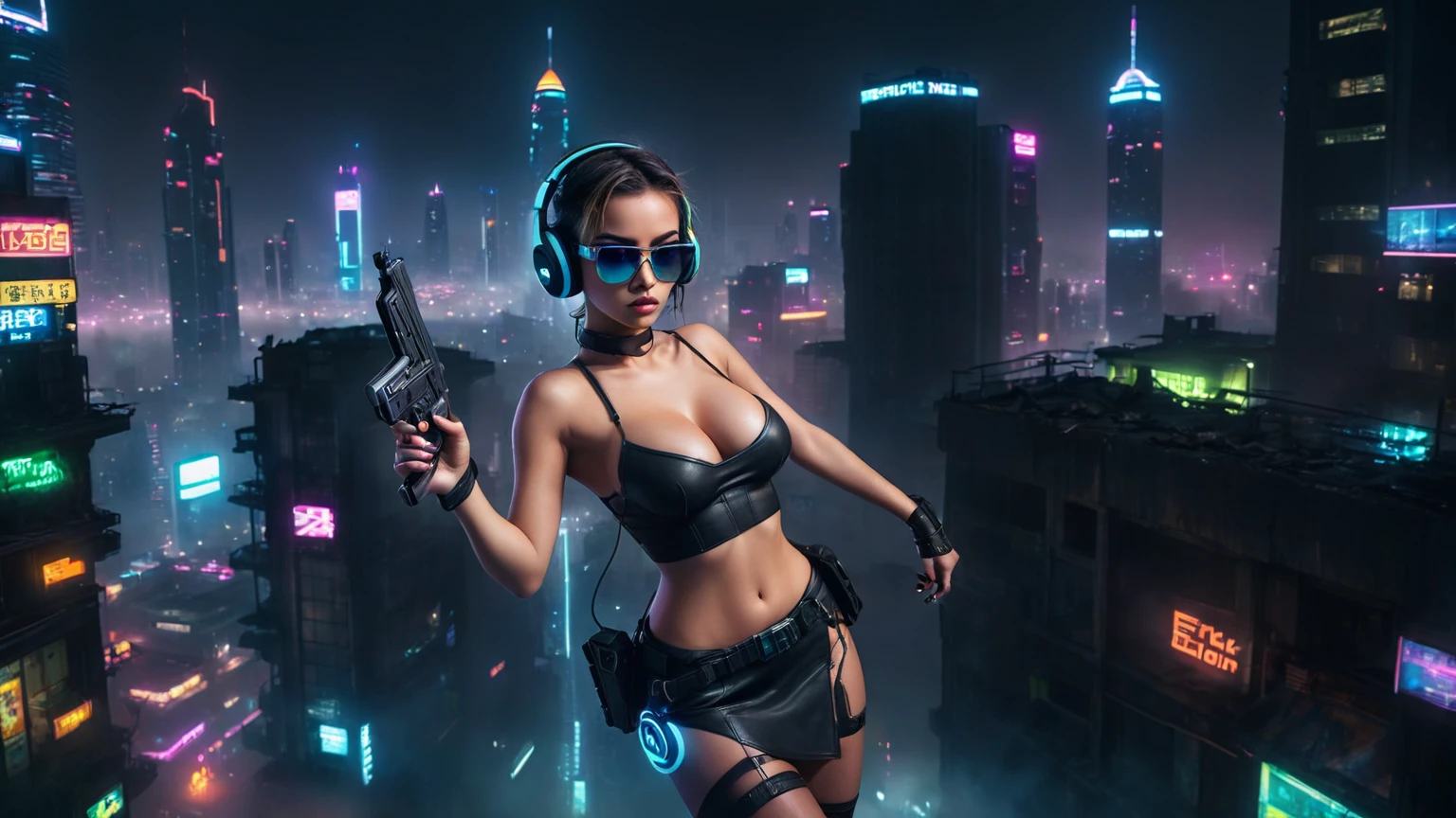 dark futuristic landscape, at night, neon lights, Atmospheric fog, large buildings in the background, futuristic city, streets with open shops, skyscraper (postapocalyptic city:1.3). (((1girl, solo, alone))), large-breast:1.2 slim body, cleavage:1.1, sexy miniskirt, (((headphone, black sunglasses, standing and holding pistol pose))), (((half-body thigh level medium shot))), cinematic lighting, lens flare, ray tracing.