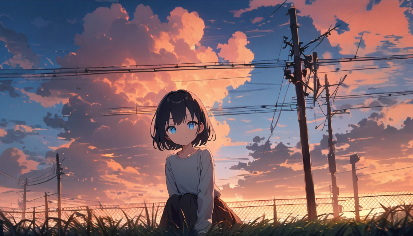 solo,1girl, solo, gentle smile on her face flat chest, short hair, black hair, blue eyes, (detailed eyes), looking at viewer ,outdoors, grass, sky, scenery, cloud, solo, sitting, power lines, tree, sunset, utility pole, skirt, shoes, cloudy sky, long sleeves, blue sky, fence, wide shot, day