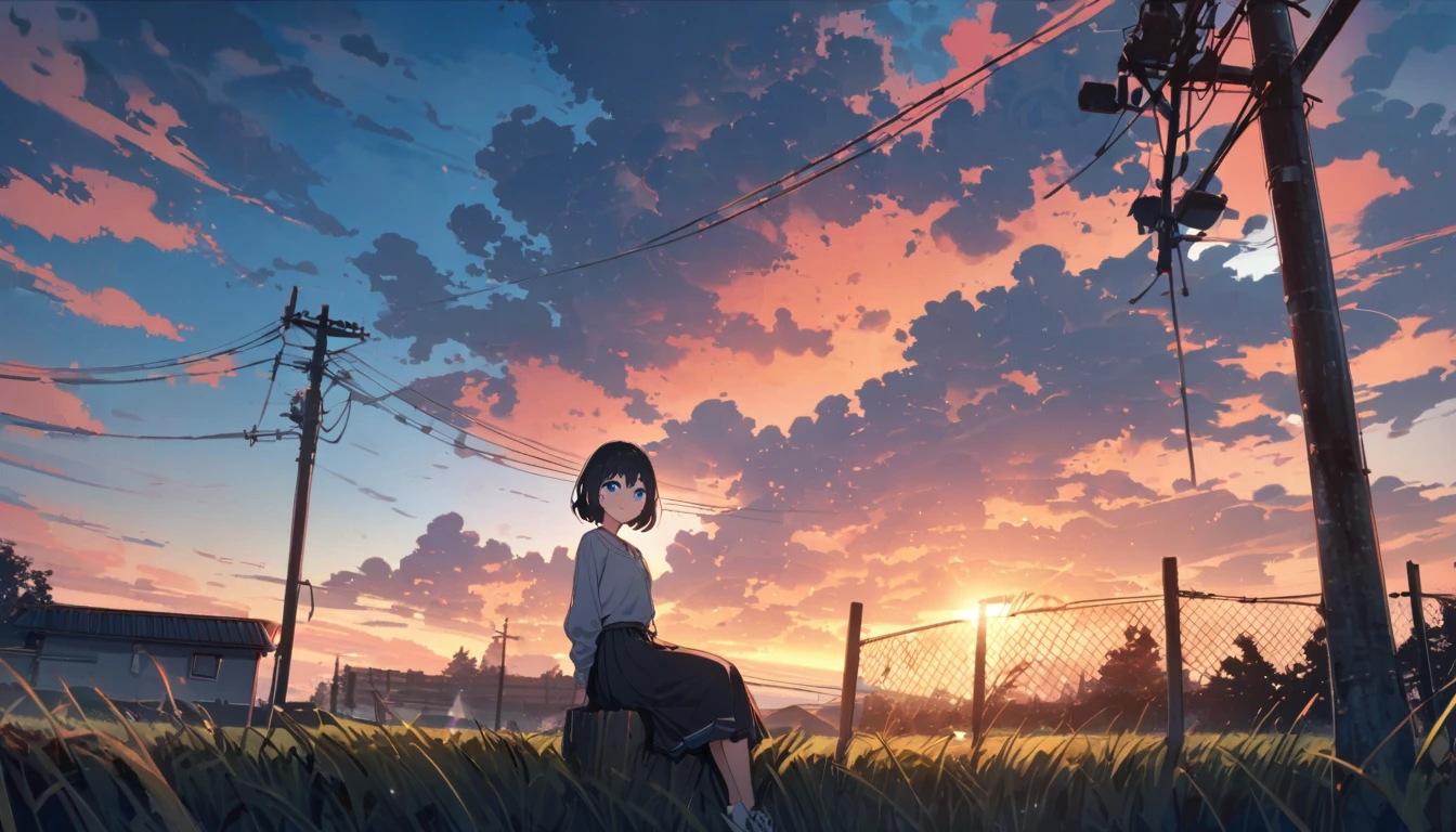 solo,1girl, solo, gentle smile on her face flat chest, short hair, black hair, blue eyes, (detailed eyes), looking at viewer ,outdoors, grass, sky, scenery, cloud, solo, sitting, power lines, tree, sunset, utility pole, skirt, shoes, cloudy sky, long sleeves, blue sky, fence, wide shot, day