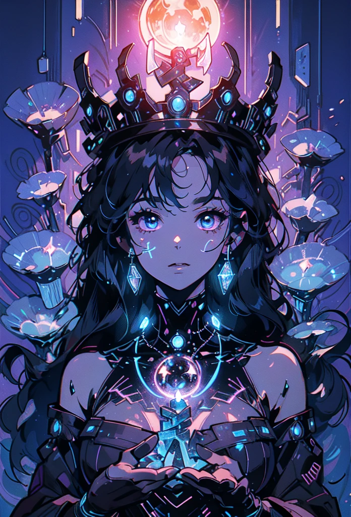 depicts a modern-day witch who has embraced the world of cybernetics to enhance her magical abilities. The artwork should convey the enchanting blend of traditional witchcraft and futuristic technology. Here are some specific elements to include: The Witch's Lair: The setting should be a cozy yet slightly eerie room, filled with magical books, crystal balls, potion ingredients, and antique furnishings. The room should be dimly lit by candles and a soft, mystical glow emanating from her cybernetic enhancements. The Cyborg Witch: The central focus of the artwork is the witch herself. She's a striking figure with a mix of traditional witch attire and cybernetic enhancements. Her clothing should have a witchy, occult aesthetic, with flowing robes, a pointed hat, and an intricate pentagram necklace. Her arms, however, have been upgraded with cybernetic components that incorporate magical symbols and glowing runes. Magical Interface: The witch is in the midst of casting a spell, with a holographic, touch-screen interface floating before her. This interface includes spell incantations, arcane symbols, and digital components, demonstrating her fusion of magic and technology. Spell Ingredients: On a nearby table, there should be a collection of spell ingredients, like herbs, potions, and magical artifacts. Some of these items may have been modified with cybernetic enhancements, blurring the line between the natural and the technological. Familiar: The witch's familiar, perhaps a cat or raven, should be present in the scene, serving as her magical companion. The familiar could also have subtle cybernetic enhancements or glowing eyes. Glowing Runes: The room should be adorned with ancient symbols and glowing runes on the walls and floor, contributing to the magical atmosphere. Aetherial Lighting: Use a combination of mystical, ethereal lighting and cybernetic glows to create a captivating interplay of light and shadow. The contrast between the tradit