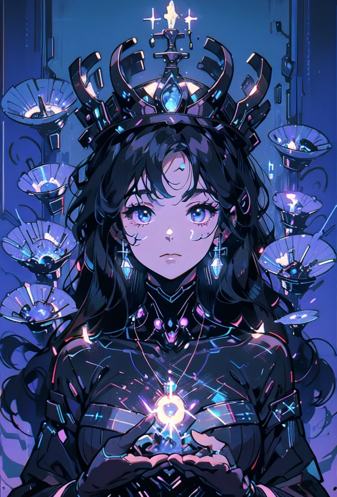 depicts a modern-day witch who has embraced the world of cybernetics to enhance her magical abilities. The artwork should convey the enchanting blend of traditional witchcraft and futuristic technology. Here are some specific elements to include: The Witch's Lair: The setting should be a cozy yet slightly eerie room, filled with magical books, crystal balls, potion ingredients, and antique furnishings. The room should be dimly lit by candles and a soft, mystical glow emanating from her cybernetic enhancements. The Cyborg Witch: The central focus of the artwork is the witch herself. She's a striking figure with a mix of traditional witch attire and cybernetic enhancements. Her clothing should have a witchy, occult aesthetic, with flowing robes, a pointed hat, and an intricate pentagram necklace. Her arms, however, have been upgraded with cybernetic components that incorporate magical symbols and glowing runes. Magical Interface: The witch is in the midst of casting a spell, with a holographic, touch-screen interface floating before her. This interface includes spell incantations, arcane symbols, and digital components, demonstrating her fusion of magic and technology. Spell Ingredients: On a nearby table, there should be a collection of spell ingredients, like herbs, potions, and magical artifacts. Some of these items may have been modified with cybernetic enhancements, blurring the line between the natural and the technological. Familiar: The witch's familiar, perhaps a cat or raven, should be present in the scene, serving as her magical companion. The familiar could also have subtle cybernetic enhancements or glowing eyes. Glowing Runes: The room should be adorned with ancient symbols and glowing runes on the walls and floor, contributing to the magical atmosphere. Aetherial Lighting: Use a combination of mystical, ethereal lighting and cybernetic glows to create a captivating interplay of light and shadow. The contrast between the tradit