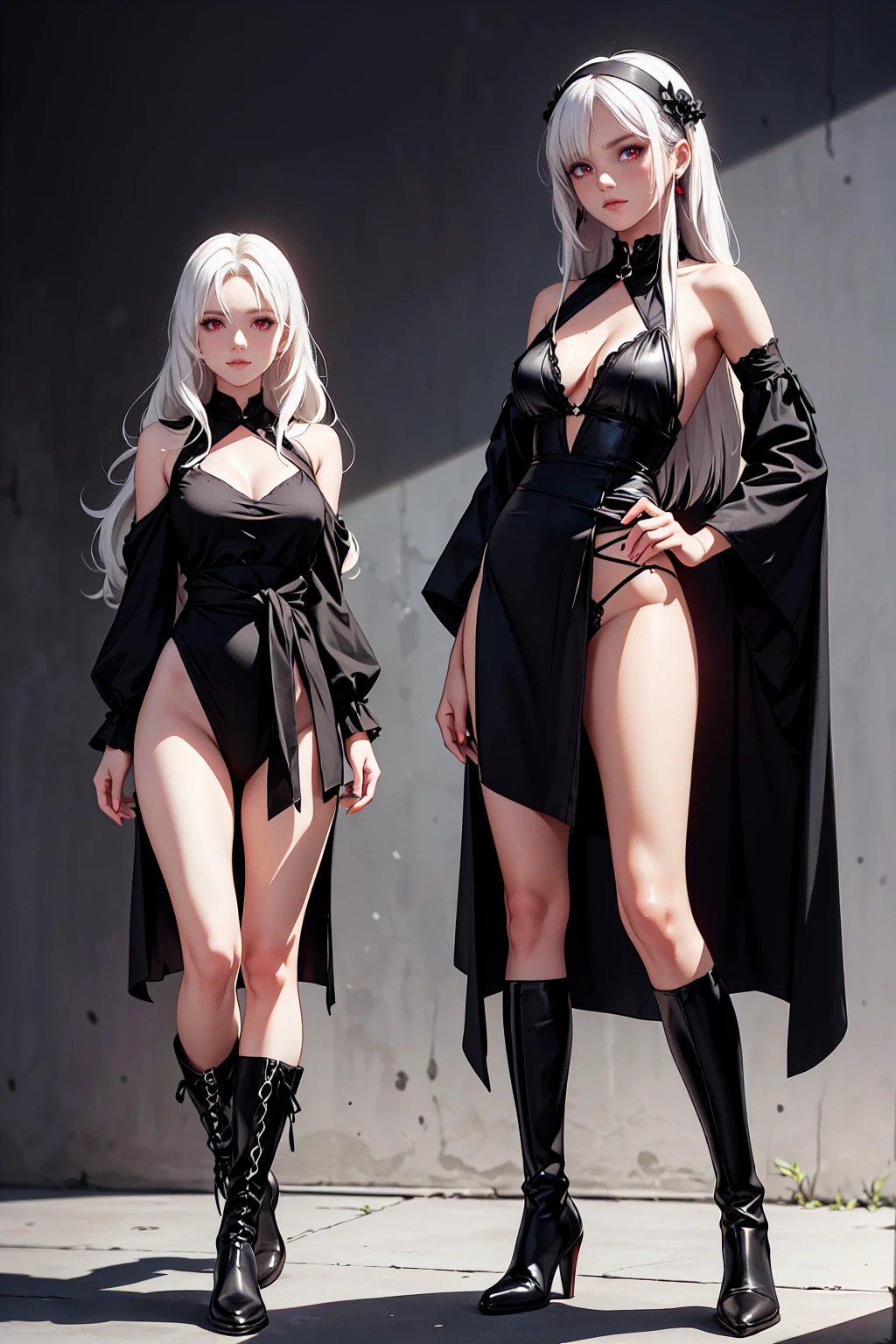 Girl, 20 years old, with long white hair down to below her waist, a serious yet tender expression, and red eyes. Her hair features black streaks. She wears antique-style clothing, a long black dress with a slit on the legs, black underwear, and high black boots that almost reach her knees. Her power and background are related to shadows and darkness.