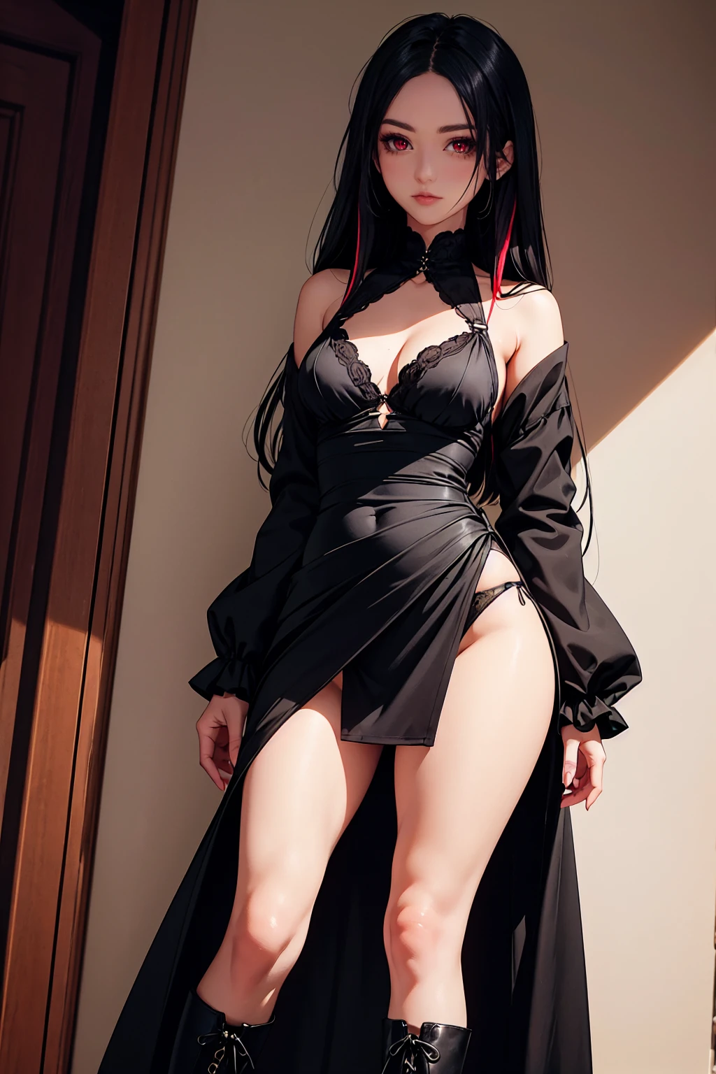 Girl, 20 years old, with long white hair down to below her waist, a serious yet tender expression, and red eyes. Her hair features black streaks. She wears antique-style clothing, a long black dress with a slit on the legs, black underwear, and high black boots that almost reach her knees. Her power and background are related to shadows and darkness.
