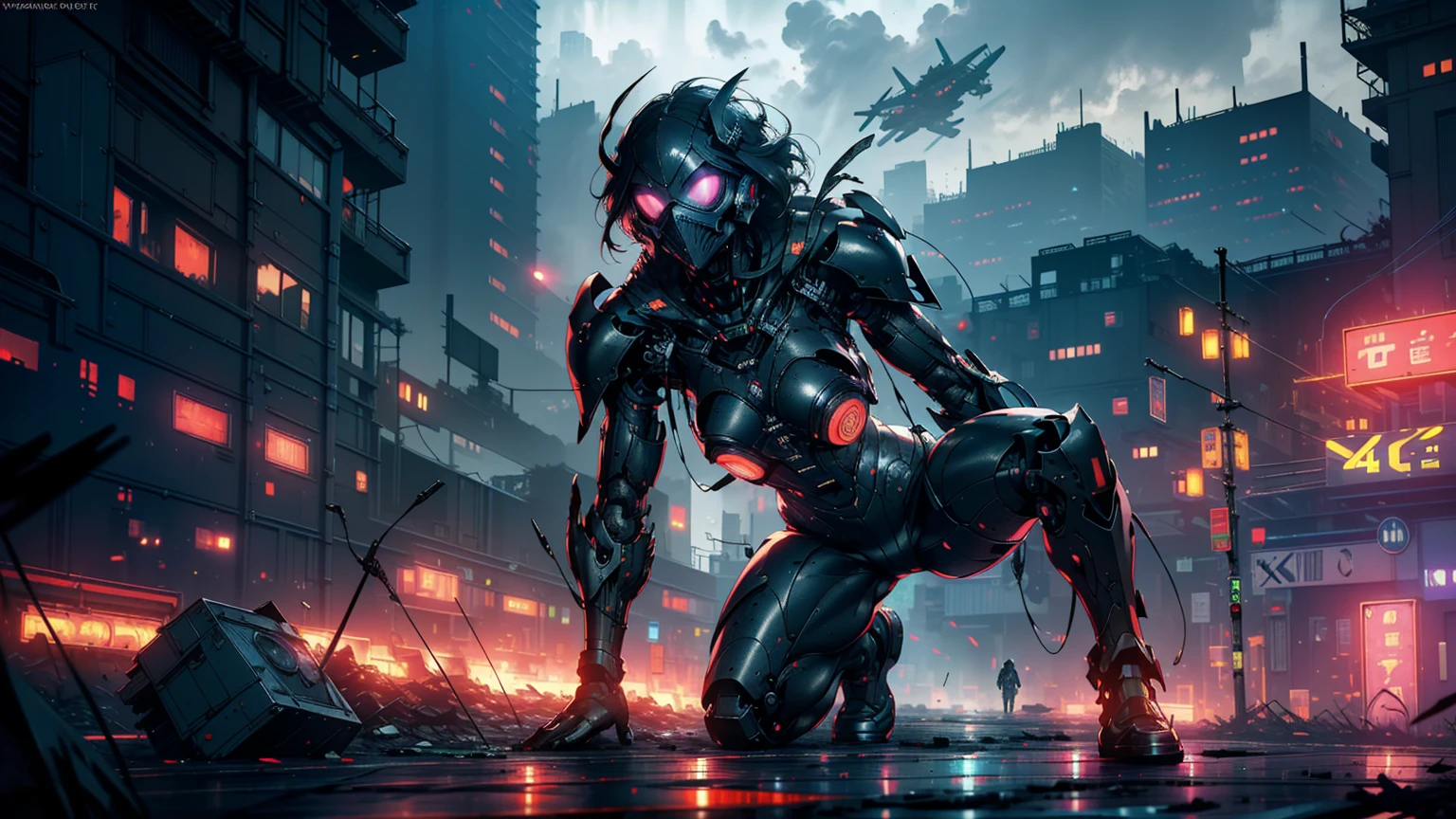 A dystopian vision of Earth in 1000 years, high-tech concrete jungle, polluted atmosphere, post-apocalyptic ruins, towering skyscrapers, crumbling infrastructure, abandoned cars, glowing neon lights, heavy smog, advanced robotics, flying drones, holographic billboards, armed security forces, overcrowded streets, surveillance cameras, vast income disparity, cyborg-like humans, oppressive government control, underground resistance movements, a sense of despair, and faded hope. (best quality,4k,8k,highres,masterpiece:1.2), ultra-detailed, (realistic,photorealistic,photo-realistic:1.37), HDR, UHD, studio lighting, extreme detail description, professional, vivid colors, gritty color palette, futuristic lighting effects.