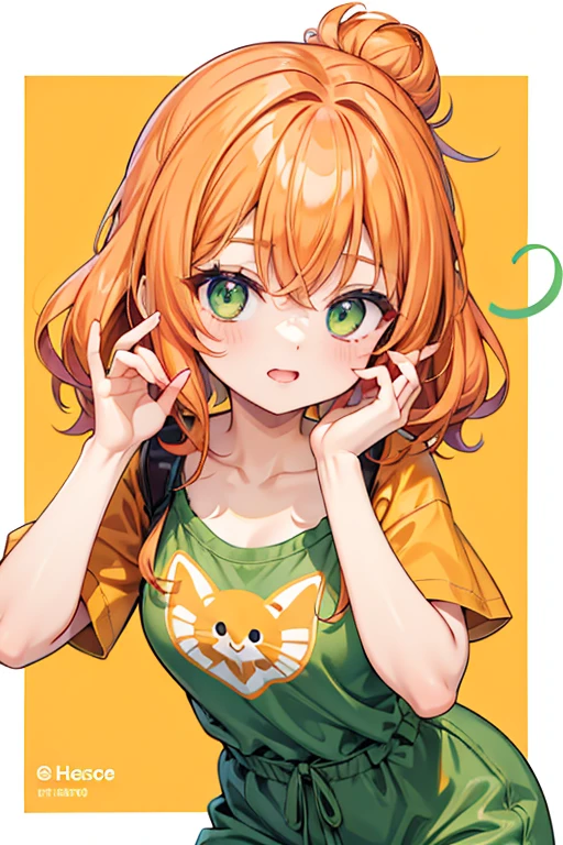 2D Beautiful Girl、Orange Hair、Half Up、Bun Hair、Curly hair、Green Eyeaid clothes