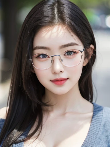 (Best quality, masterpiece, detailed), (RAW, 4k, hd images), 1 girl, 17 years old, white skin, long hair, ponytail, layers hair, bangs, black hair, beautiful girl, cute girl, sweet girl, pretty girl, perfect girl, perfect body, pretty eyes, blue eyes, thin lips, (eye line, lip soft), perfect round breast, glasses(detailed frame), simple background, smile, tanktop with cardigan, modeling pose, free style pose, random angle capture, cleavage, outdoors