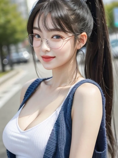 (Best quality, masterpiece, detailed), (RAW, 4k, hd images), 1 girl, , white skin, long hair, ponytail, layers hair, bangs, black hair, beautiful girl, cute girl, sweet girl, pretty girl, perfect girl, perfect body, pretty eyes, blue eyes, thin lips, (eye line, lip soft), perfect round breast, glasses(detailed frame), simple background, smile, tanktop with cardigan, modeling pose, free style pose, random angle capture, cleavage, outdoors