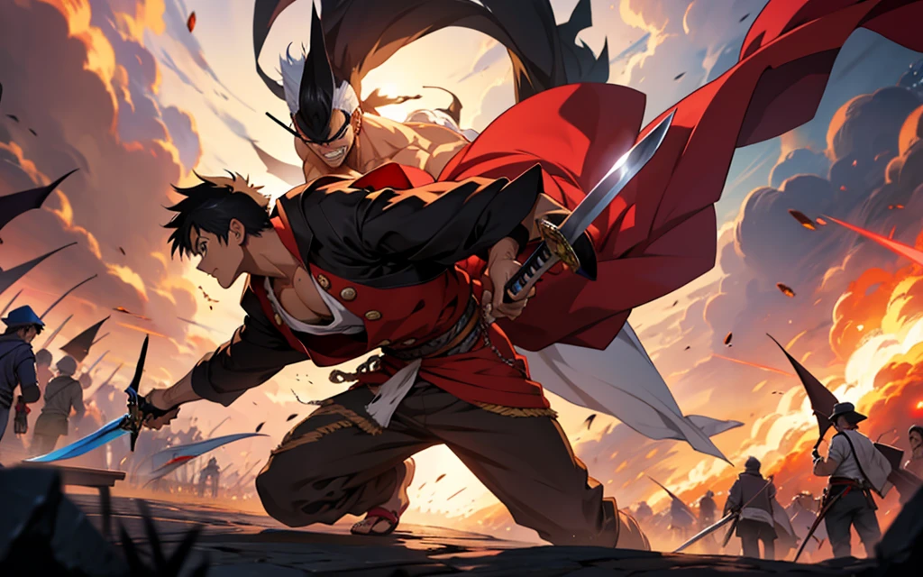 anime character with sword in a large crowd, epic anime art, Epic anime, advanced anime digital art, luffy, with red and black clothes 