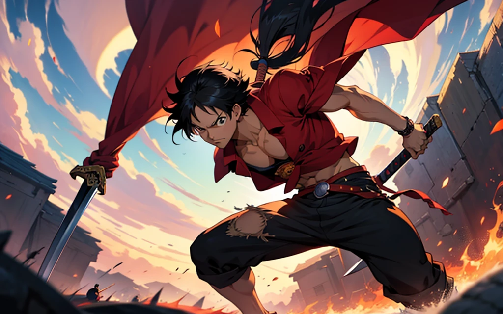 anime character with sword in a large crowd, epic anime art, Epic anime, advanced anime digital art, luffy, with red and black clothes