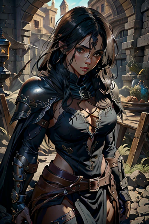 muscular female, archer/rogue class, mixed blood human and dragon, fantasy medieval, detailed portrait, beautiful detailed eyes, beautiful detailed lips, extremely detailed face, long eyelashes, detailed armor, intricate patterns, dramatic lighting, dynamic composition, cinematic, muted colors, dark fantasy, concept art style