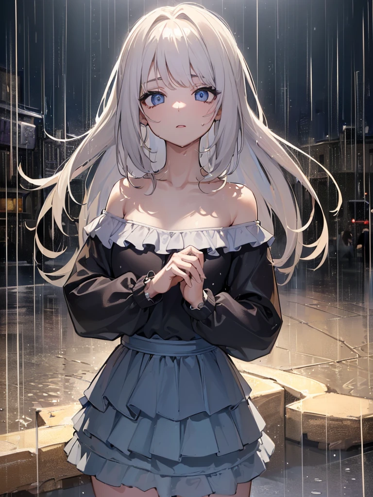 ((Highest quality, 8k, masterpiece:1.3)), concentrated:1.2, Perfect Body Beauty:1.4, Hips:1.2, ((Layered Haircut, chest:1.2)), (Wet clothes:1.1) , (rain, street:1.3), Bandeau dress: 1.1, Highly detailed face and skin texture, Beautiful Eyes, double eyelid, White skin, Long Hair, (shut up: 1.3)