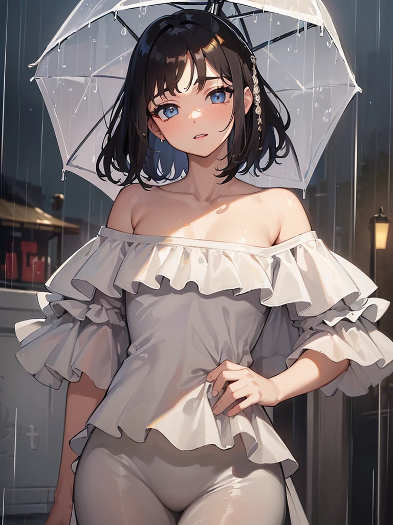 ((Highest quality, 8k, masterpiece:1.3)), concentrated:1.2, Perfect Body Beauty:1.4, Hips:1.2, ((Layered Haircut, chest:1.2)), (Wet clothes:1.1) , (rain, street:1.3), Bandeau dress: 1.1, Highly detailed face and skin texture, Beautiful Eyes, double eyelid, White skin, Long Hair, (shut up: 1.3)