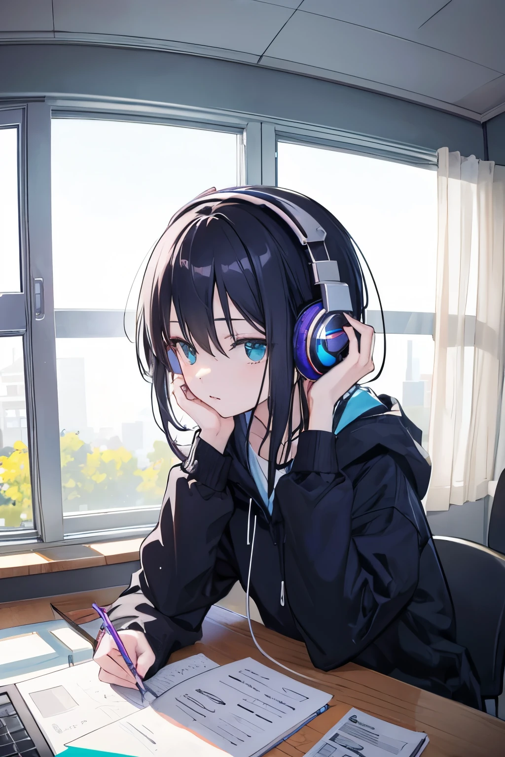 Draw an anime scene of one in front of the computer with headphones, studying in the room next to a window, with a Persian cat next to her. Focusing closely on the cat and the