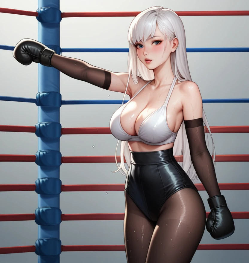 Korean beautiful girl boxer，18 years old,Pretty Face，Good shape，detailed picture, Solemn expression， blush，White long hair, Wear a love string swimsuit，Soaked，Wear black pantyhose，high-heel boots, Wearing black boxing gloves，Black sleeves on arms, Perform standing boxing defense in the boxing ring，Large Breasts,Cleavage,Long legs，Thin waist，nipple，