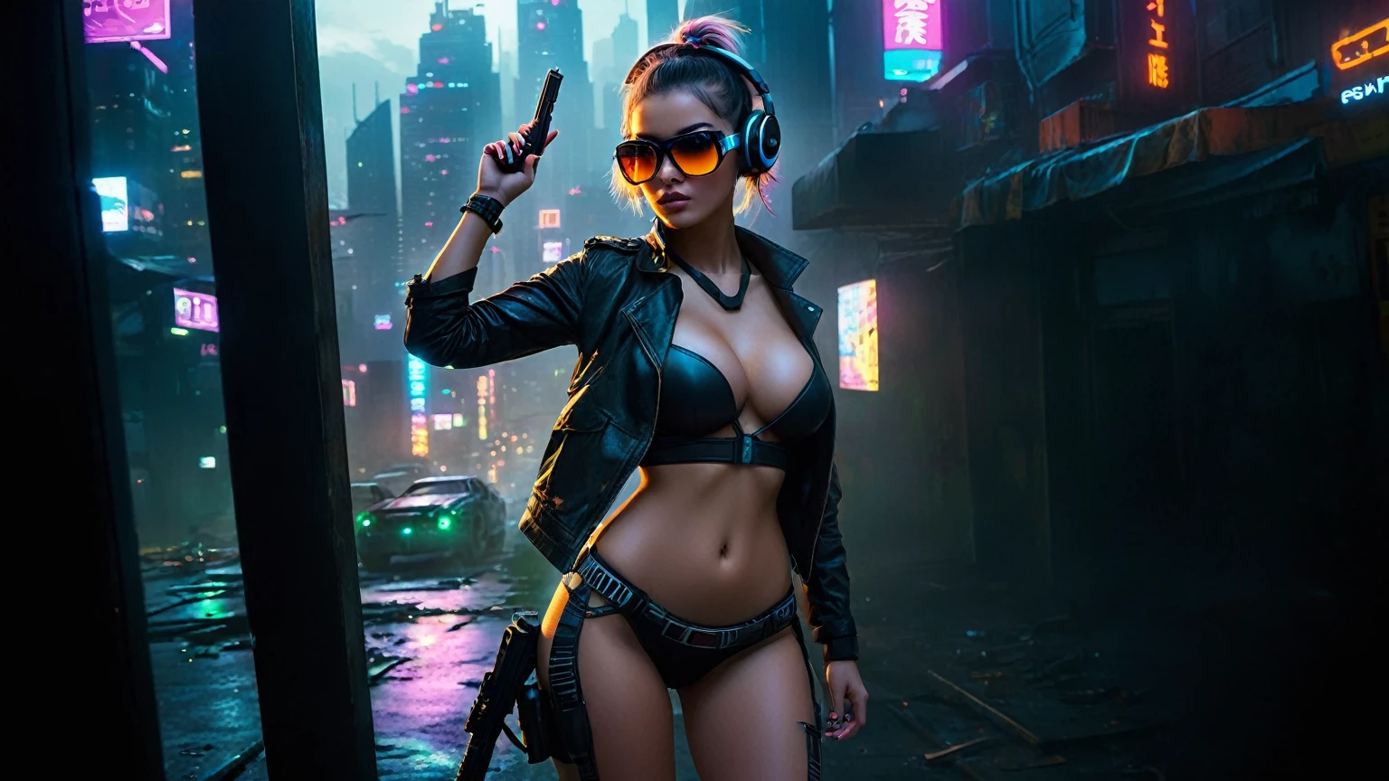 dark futuristic landscape, at night, neon lights, Atmospheric fog, large buildings in the background, futuristic city, streets with open shops, skyscraper (postapocalyptic city:1.3). (((1girl, solo, alone))), large-breast:1.2 slim body, cleavage:1.1, sexy miniskirt, (((headphone, black sunglasses, standing and holding pistol pose))), (((half-body thigh level medium shot))), cinematic lighting, lens flare, ray tracing.