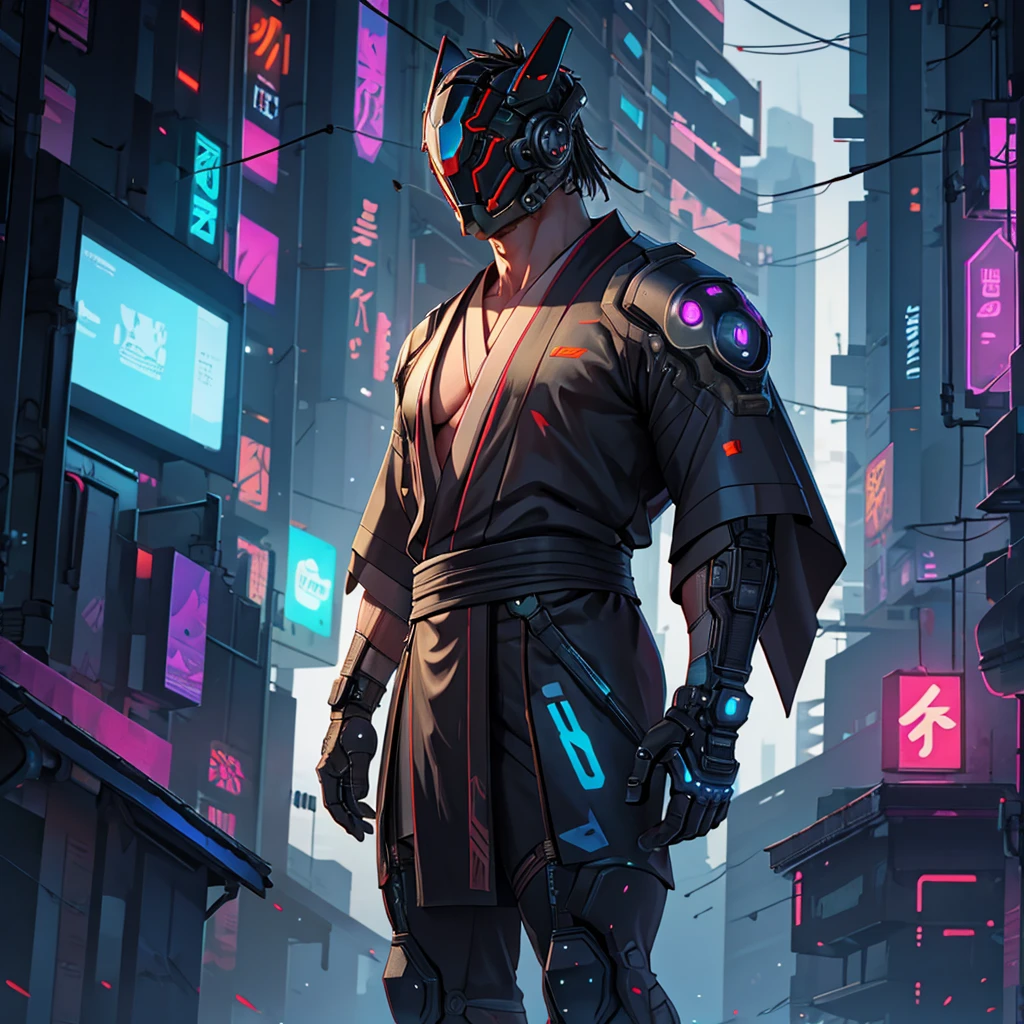 male, (muscular, full nude, only Glowing cyberpunk future helmet, only kimono, only jock strap,) realistic, roof of skyscraper, night, realistic,