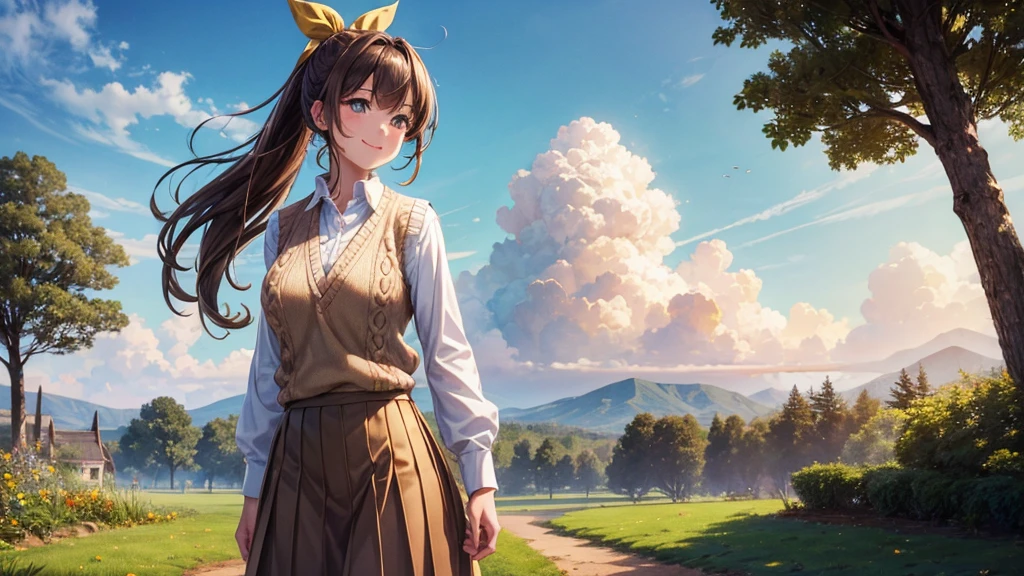 1girl, solo, full body, village, trees, sun, clouds, ((brown hair)), ponytail, large breasts, ((light brown vest sweater)), button down shirt, white shirt, unbuttoned shirt, green eyes, long skirt, brown boots, smile, happy, looking at the viewer, standing, hair ribbon, golden necklate