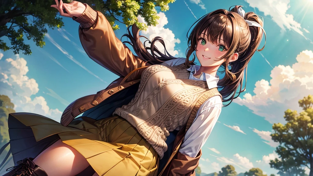 1girl, solo, full body, village, trees, sun, clouds, ((brown hair)), ponytail, large breasts, ((light brown vest sweater)), button down shirt, white shirt, unbuttoned shirt, green eyes, long skirt, brown boots, smile, happy, looking at the viewer, standing, hair ribbon, golden necklate