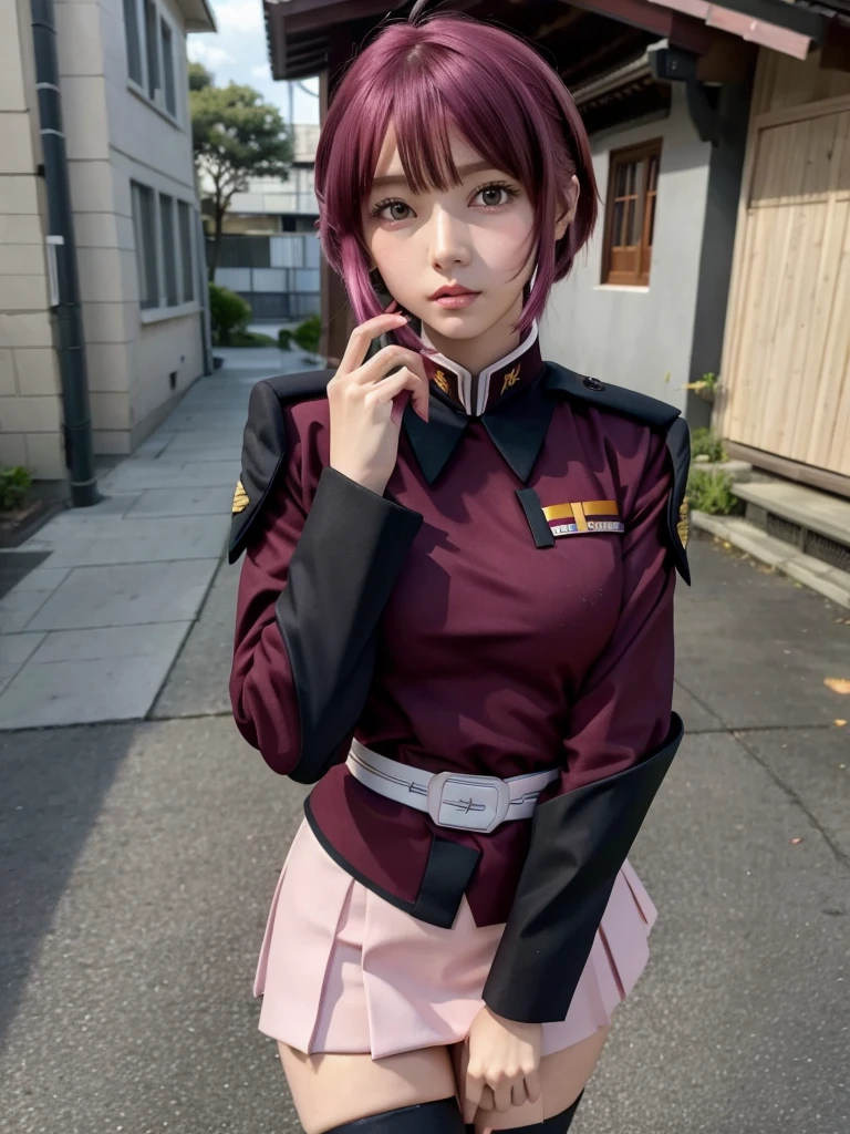 (Highest quality, 16K, masterpiece:1.55), Ultra detailed face, Detailed lips, Detailed eyes, double eyelid, 
BREAK smile, upper body, (Seductive pose:1.6), (high angle shot, dutch angle, dynamic angle),
BREAK 1girl, solo, 18 years old, Svelte Body, middle breasts, big hips:1.2),
BREAK BREAK pink skirt, military uniform, short hair, ahoge, black thighhighs, red hair, purple eyes, purple hair, long sleeves, 
BREAK outdoor, road,, shrinebackground,