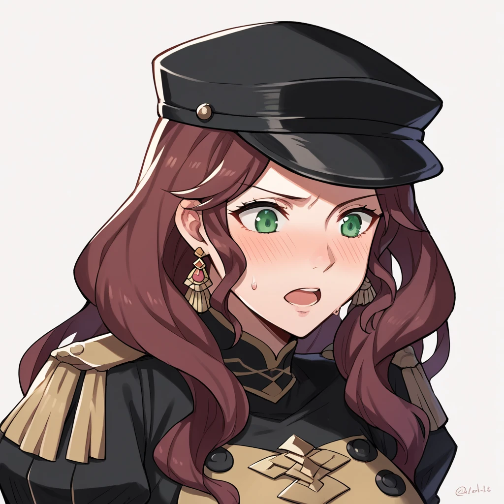 score_9, score_8_up, score_7_up, source_anime, Dorothea (Fire Emblem), bust shot, close-up, black headwear, (black long-sleeve uniform), brown hair, dangle earrings, gold trim, green eyes, jewelry, large breasts, long hair, black peaked cap, black hat, look down, aroused facial expression, (slightly-open mouth), blush, sweat