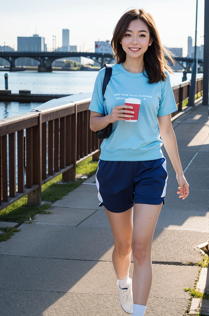 high quality,master piece,photography,high resolution,lens flare,a girl, one girl,solo focus,alone,full body,perfect anatomy,walking,from flont,8k,raw photo,short brown hair,watch,big eyes,Japanese women,28 years old,healthy,positive,bright,Light blue sporty jersey(For sports),earphone,Jogging,Beautiful Skin,Fair skin,最high quality,8k,Young and beautiful,Attractive woman,ecup bust、An innocent smile、smile、teeth、The background is the city、Riverbank、Turf、morning、morning焼け、The sun is starting to rise、5:30AM、one girl、one girl,one girl,very nice lady,one girl