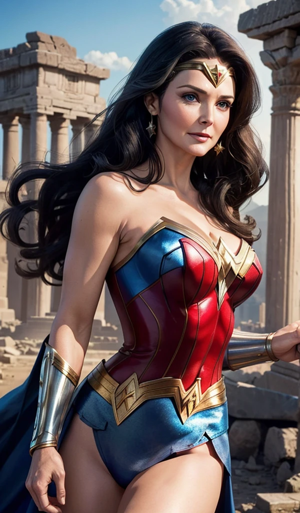 The actress Lynda Carter as the character Wonder Woman, extremely beautiful blue eyes, beautiful hair, incredible beautiful anatomy, perfect fingers, smooth curves, perfect anatomy, underneath angle view, perfect smile, temple ruins in the background 