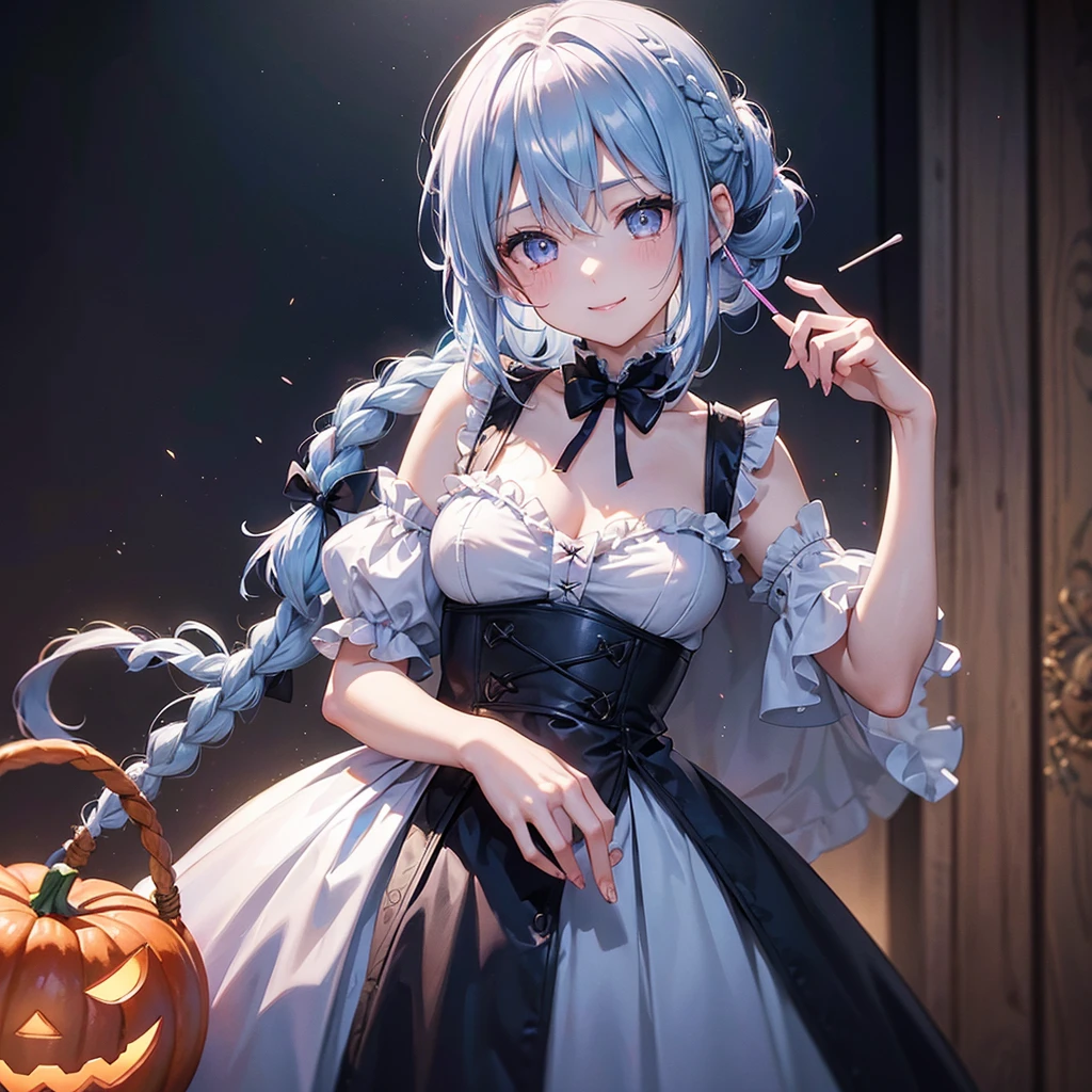 (Light blue medium hair),(Braided hair tied together)、Pink eyes、Fair skin、cowboy shot、Halloween、The background is a pumpkin ghost、Trick or Treat、A lot of sweets、Black cat、witch、Lollipop、Cosplay、A surprising smile、A dignified figure、solo、(masterpiece、Highest quality、Very detailed、Best Shadow)、(Detailed Background)、(Beautifully detailed face)、High contrast、(Best lighting、Very delicate and beautiful)、(Cinematic Light)、colorful、Hyper Detail、Dramatic Light、Exquisite detail、