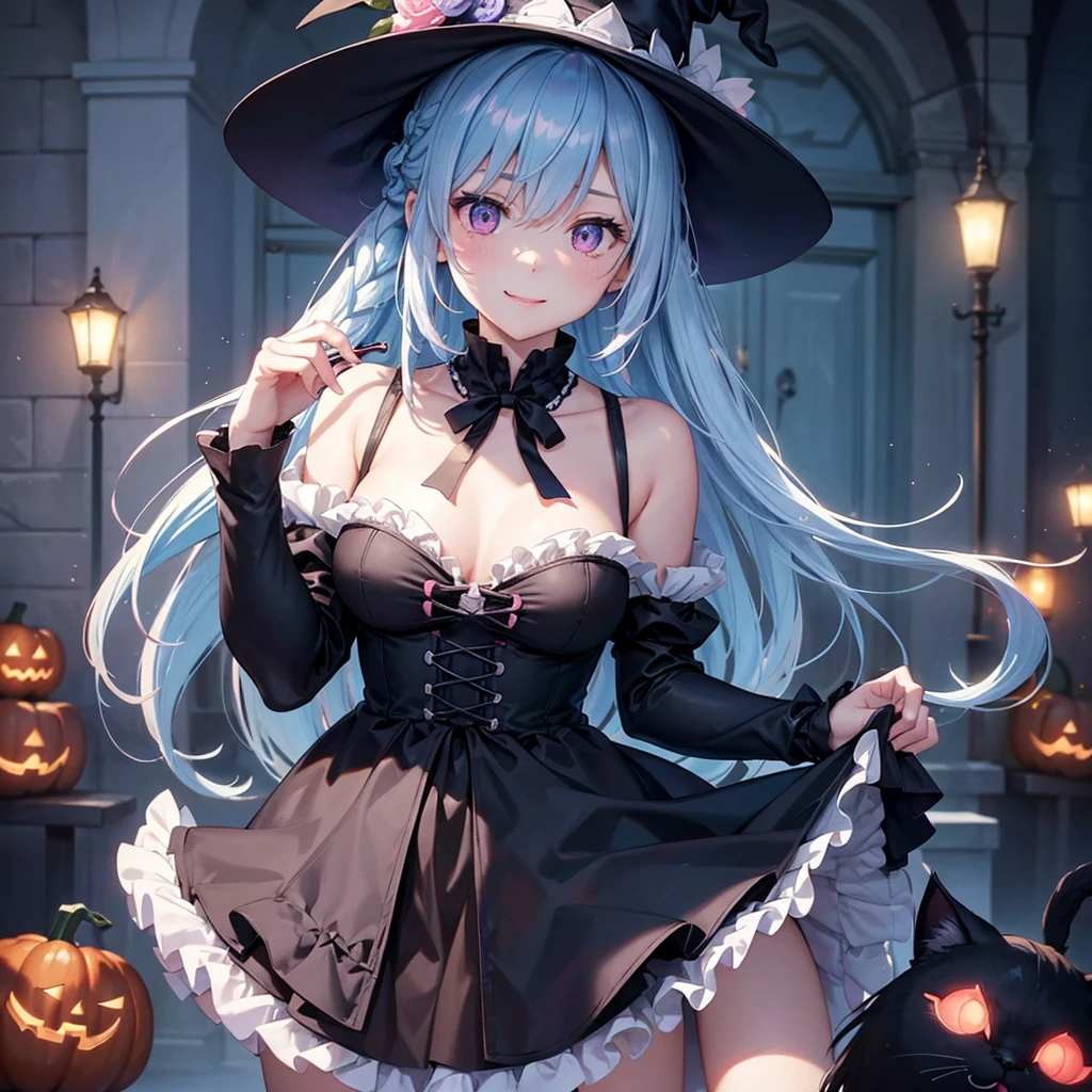(Light blue medium hair),(Braided hair tied together)、Pink eyes、Fair skin、cowboy shot、Halloween、The background is a pumpkin ghost、Trick or Treat、A lot of sweets、Black cat、witch、Lollipop、Cosplay、A surprising smile、A dignified figure、solo、(masterpiece、Highest quality、Very detailed、Best Shadow)、(Detailed Background)、(Beautifully detailed face)、High contrast、(Best lighting、Very delicate and beautiful)、(Cinematic Light)、colorful、Hyper Detail、Dramatic Light、Exquisite detail、