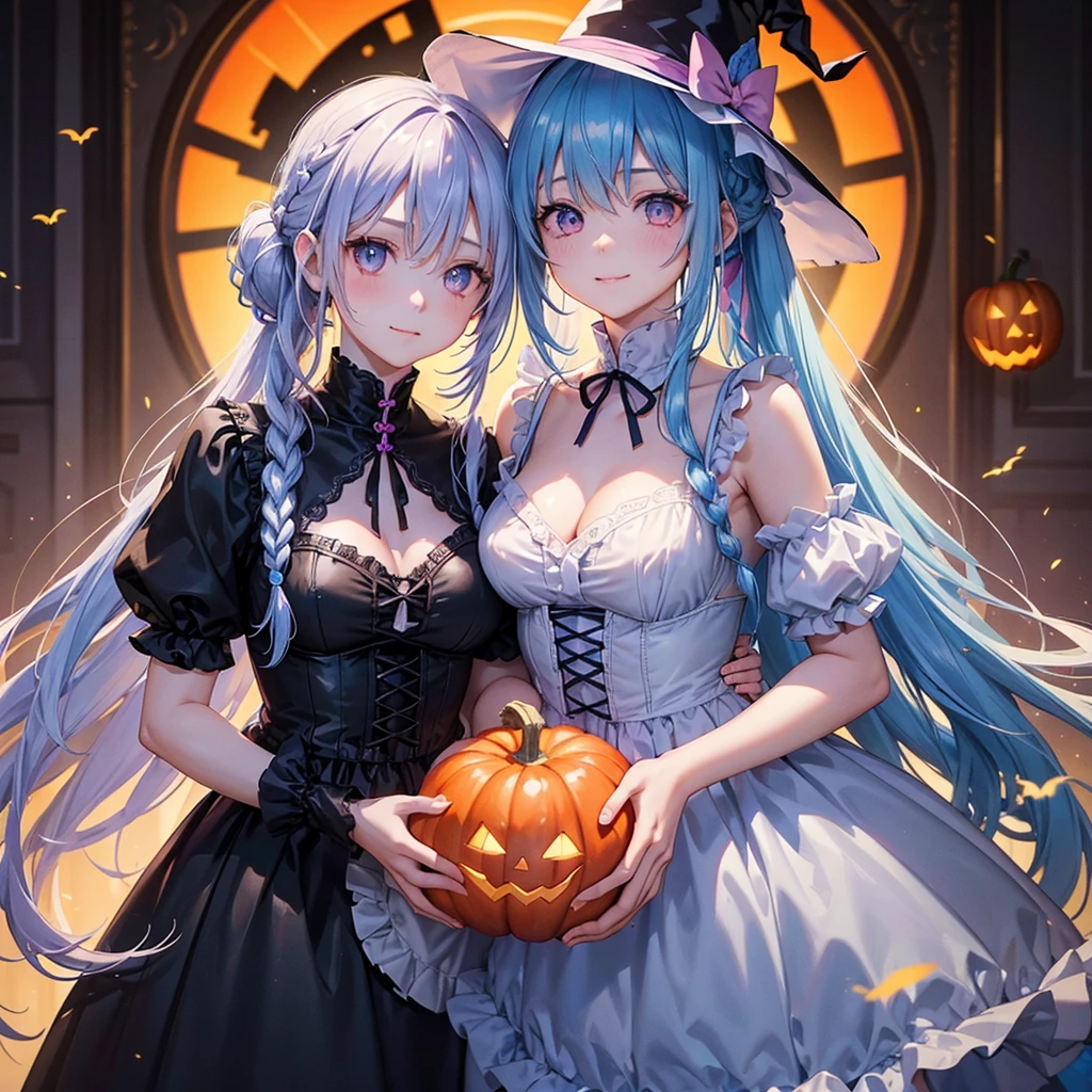 (Light blue medium hair),(Braided hair tied together)、Pink eyes、Fair skin、cowboy shot、Halloween、The background is a pumpkin ghost、Trick or Treat、A lot of sweets、Black cat、witch、Lollipop、Cosplay、A surprising smile、A dignified figure、solo、(masterpiece、Highest quality、Very detailed、Best Shadow)、(Detailed Background)、(Beautifully detailed face)、High contrast、(Best lighting、Very delicate and beautiful)、(Cinematic Light)、colorful、Hyper Detail、Dramatic Light、Exquisite detail、