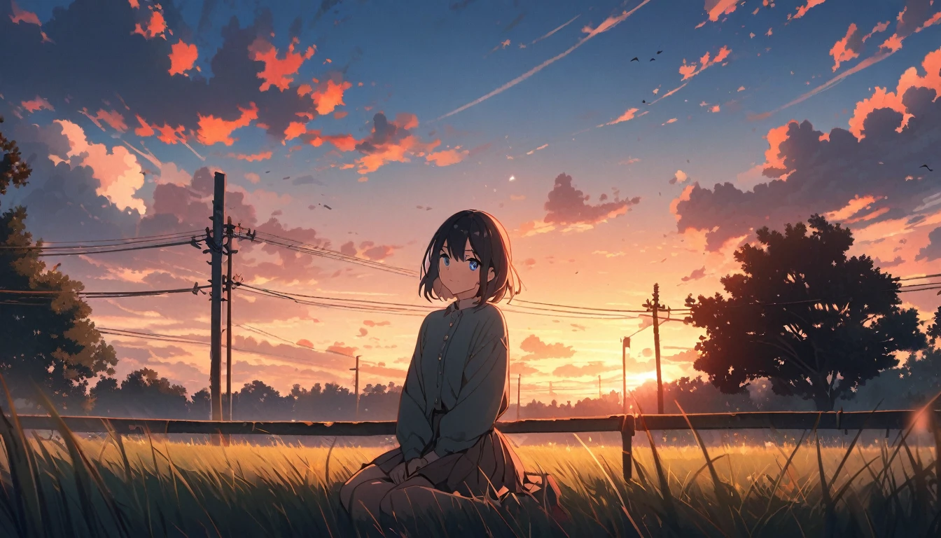 solo,1girl, solo, gentle smile on her face flat chest, short hair, black hair, blue eyes, (detailed eyes), looking at viewer ,outdoors, grass, sky, scenery, cloud, solo, sitting, power lines, tree, sunset, utility pole, skirt, shoes, cloudy sky, long sleeves, blue sky, fence, wide shot, day, young adult woman