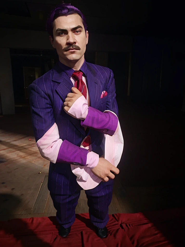  haltmann, purple hair, purple mustache, arms, wearing a dark blue suit with pink vertical lining, pink shirt, red tie, black shoes, gold suit button with a red diamond, pale purple gloves, pink cuffs, pale purple skin, blue eyes, golden earpiece with antenna