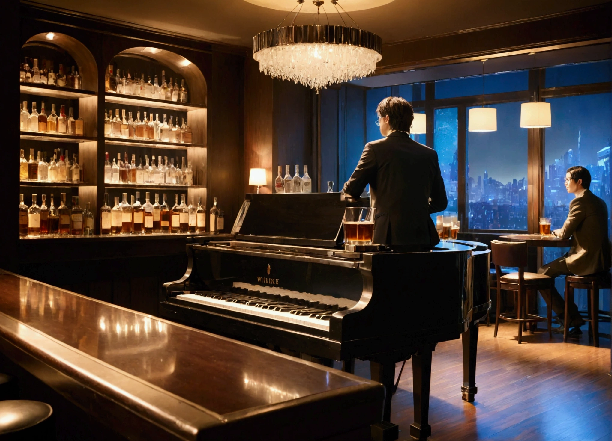 Exclusive bar、Bar counter next to the piano、Glasses and whiskey bottles on the bar counter、Water Splitting、Dimly lit room、A man is sitting with his back turned to the camera