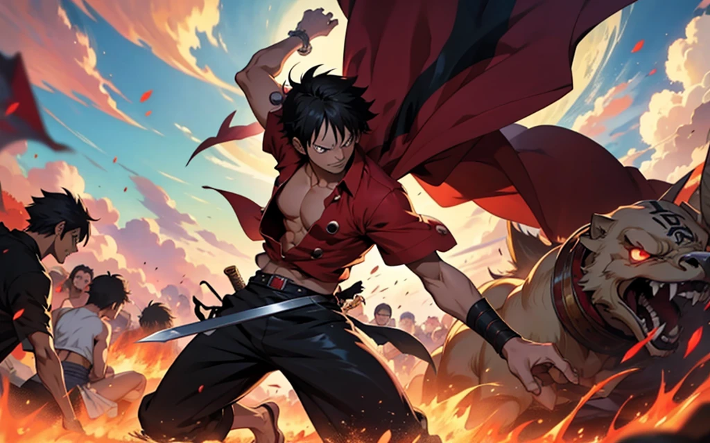 anime character with sword in a large crowd, epic anime art, one piece, Epic anime, advanced anime digital art, luffy, with red and black clothes