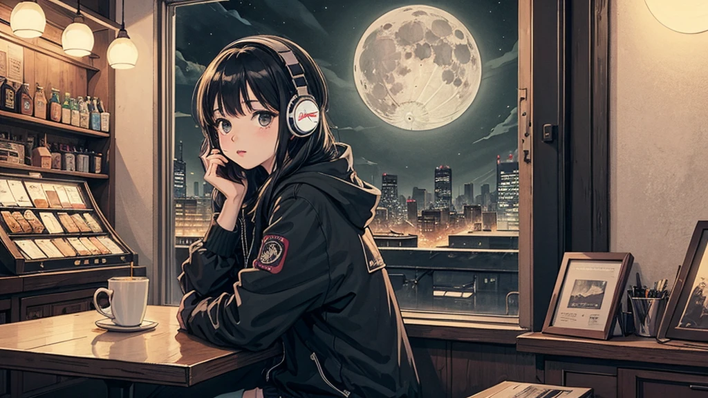 1 girl, 90s anime style, night, coffee shop, moon, Girl with headphones, late night カフェ, listen to music alone, city pop, low quality, Lo-Fi, Chill, late night, stylish cafe, dark room, futuristic night view outside the window, dark room