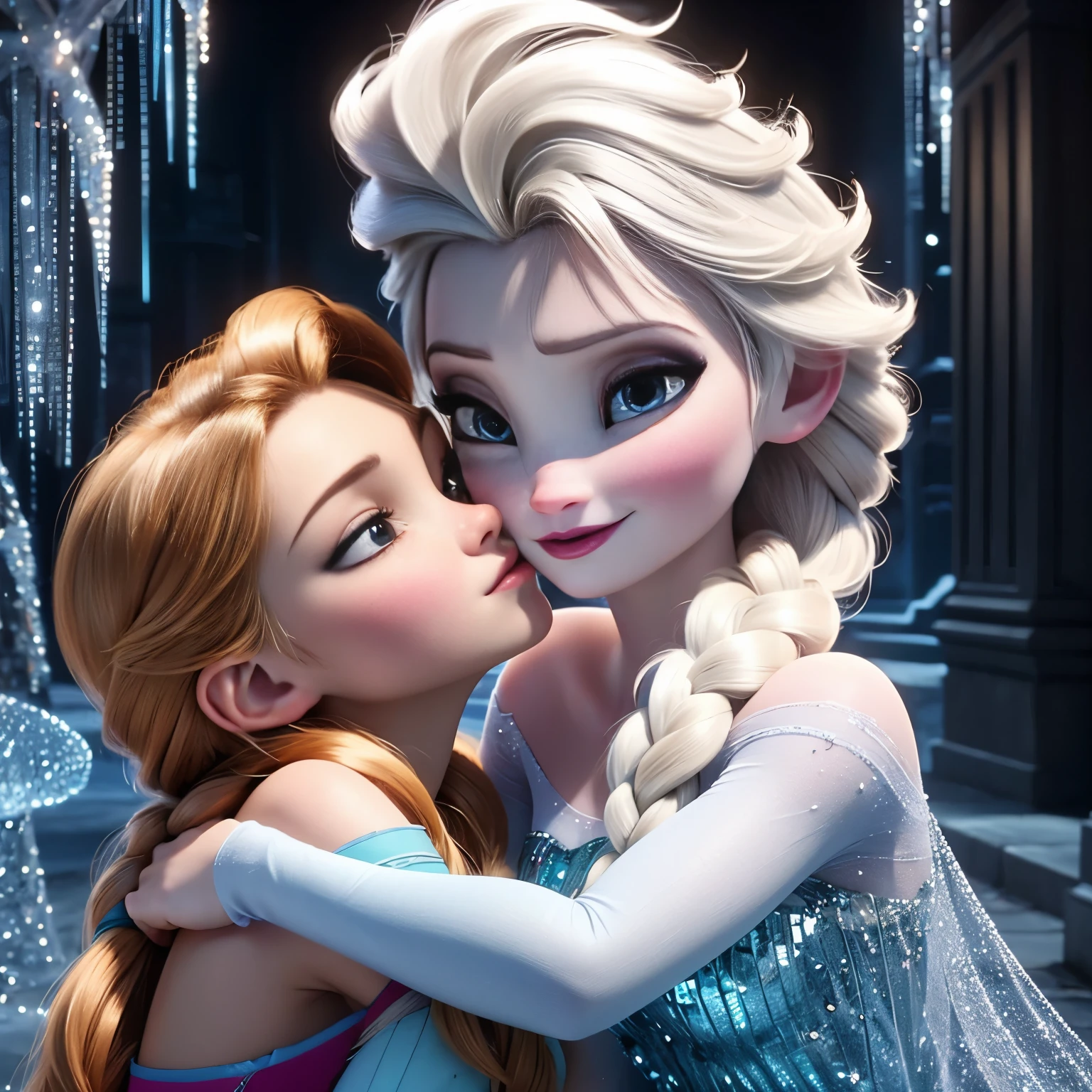 (masterpiece),((ELSA),(ANNA),frozen,(deep kissing),hug,