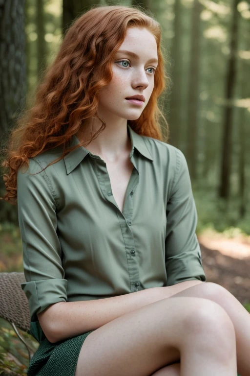 1girl in, age13, Solo, Aesthetic artwork, irish  redhead, curly ginger hair, shoulder length ginger hair, gray eyes, light grey eyes, some small freckles, pale skin, A-cup, small breasts, runners body, (textured skin, skin pores:1.1), (moles:0.8), imperfect skin, goosebumps, sitting down having coffee, drinking coffee, (extremely detailed 8k wallpaper), soft lighting, high quality, film grain, Fujifilm XT3 sharp focus, f 5.6, 50mm, High Detail, Sharp focus,(natural light), in a dark forest green colored shirt. A dark green sundressshirt, silk, simple, elegant. Slightly dangereus looking, mysterious, serious face. Darker background.