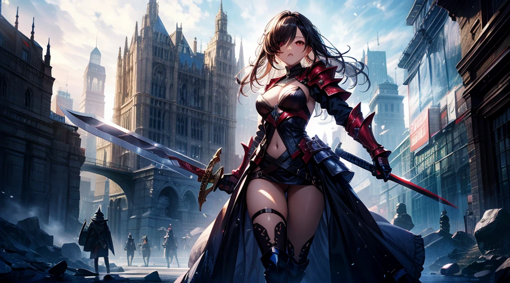 masterpiece, best quality, high quality, detailed, ultra detailed, hyper detailed, insanely detailed, exquisite, beautiful, FHD, Full-HD, 4K, 8K, 16K, highres, absurdres,Overall reddish-black image, (One sexy lady), mystic knight, serious look, sword fighting, covering one eye, black hair, red eyes, armor, long boots, with a sword, fantasy,hailoknight, holding sword, holding weapon