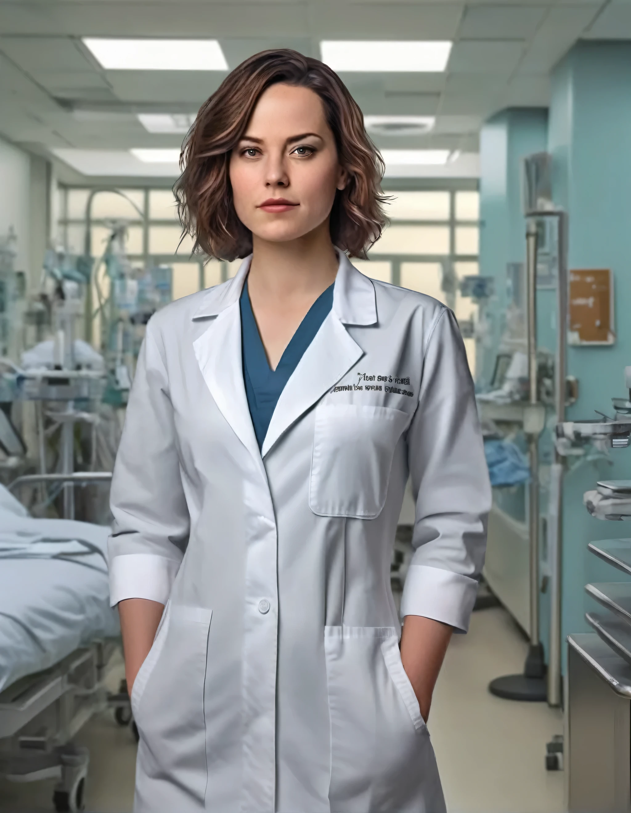 tight clothing,a (full height:1.4) digital painting of (ahwx woman:1.1)  as head doctor in a busy hospital, looking at the camera, ahwx, A short, voluminous bob with waves., cinematic lighting, epic, inspirational, HDR, highy detailed, film composition,