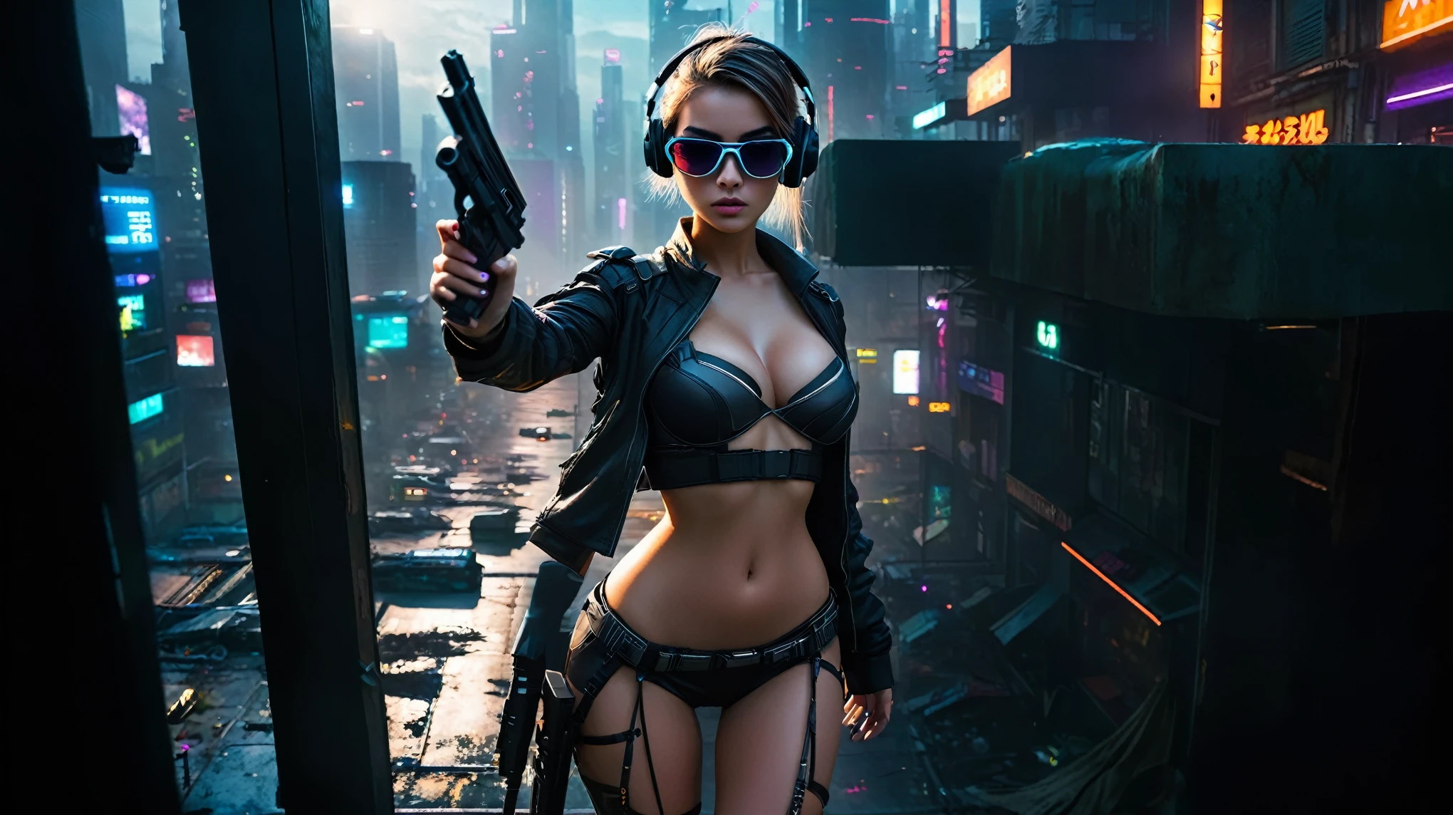 dark futuristic landscape, at night, neon lights, Atmospheric fog, large buildings in the background, futuristic city, streets with open shops, skyscraper (postapocalyptic city:1.3). (((1girl, solo, alone))), large-breast:1.2 slim body, cleavage:1.1, sexy miniskirt, (((headphone, black sunglasses, standing and holding pistol pose))), (((half-body thigh level medium shot))), cinematic lighting, lens flare, ray tracing.