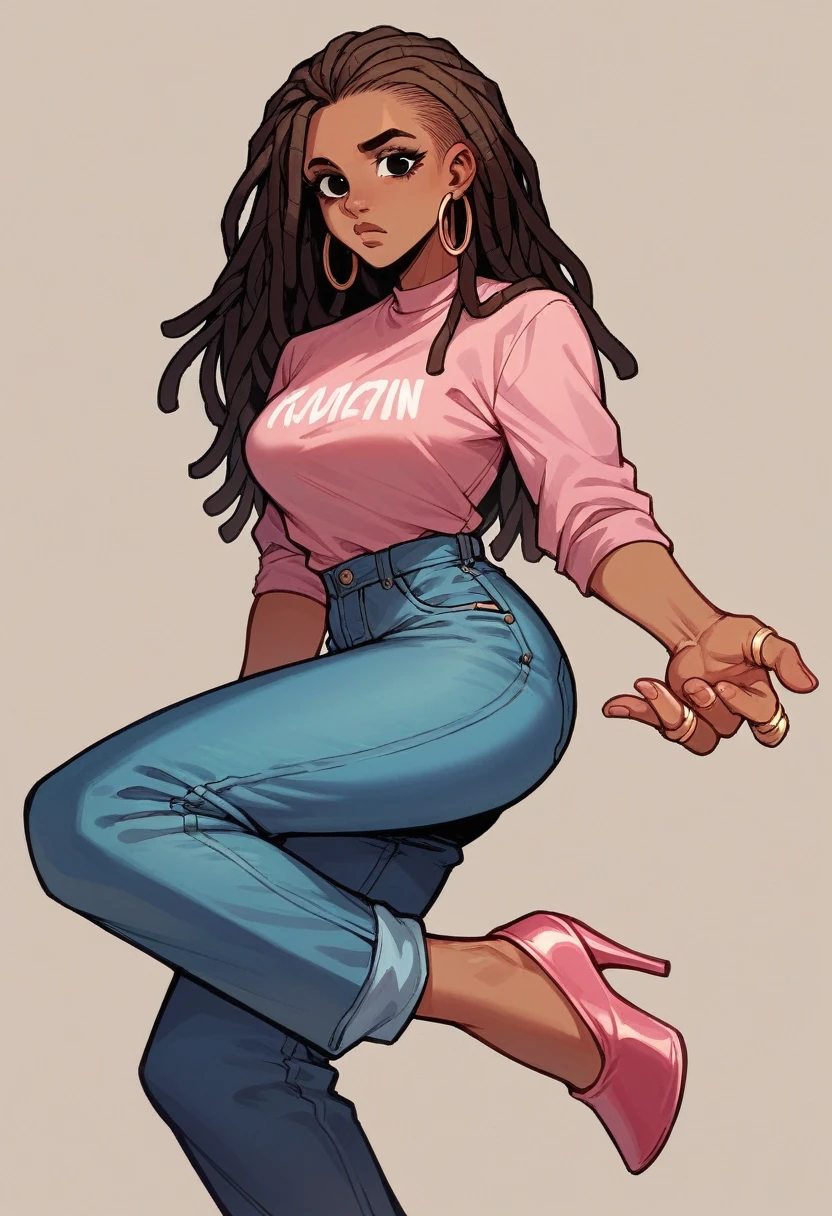 rotund black woman with brown dreadlock hair, black eyes, pink shirt, blue jeans pants, pink heels, with numberous rings on her hands, no background