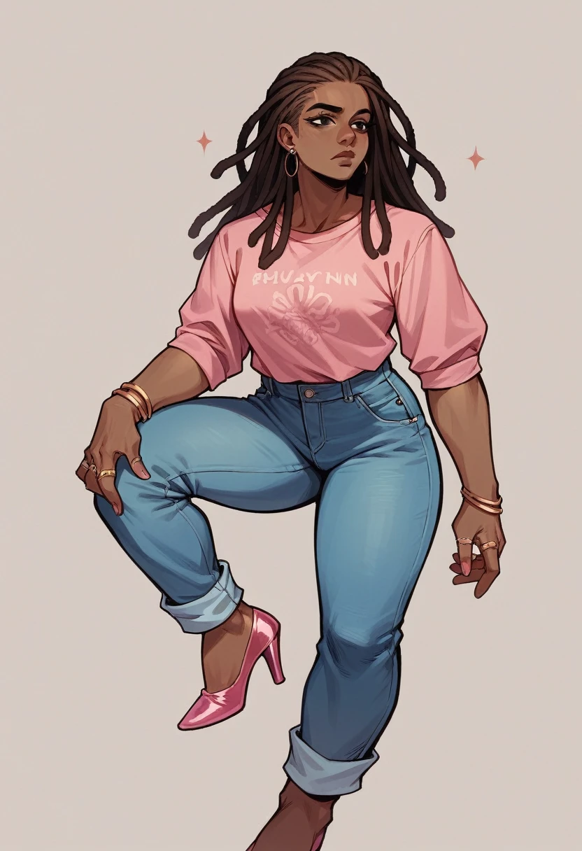 rotund black woman with brown dreadlock hair, black eyes, pink shirt, blue jeans pants, pink heels, with numberous rings on her hands, no background