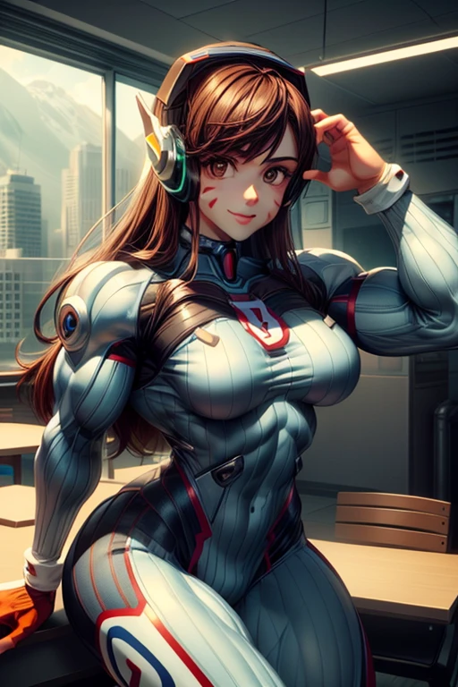 (​masterpiece, best quality:1.2), expressive eyes, perfect face, highres, 1 girl, alone, Yes, Long hair, Brown hair, headphones, Whisker markings, shoulder pad, blue bodysuit, Ribbed Bodysuit, Animal print, write clothes, long sleeve, White gloves, smiling, Stand, Cowboy-shot, look at the viewer, (, muscular legs , muscular arms, Muscular upper body, muscular abdominal muscles , muscular shoulders)extremely muscular,muscular legs , muscular arms, Muscular upper body, muscular abdominal muscles , muscular shoulders, muscular body), ((FULL-SHOT))