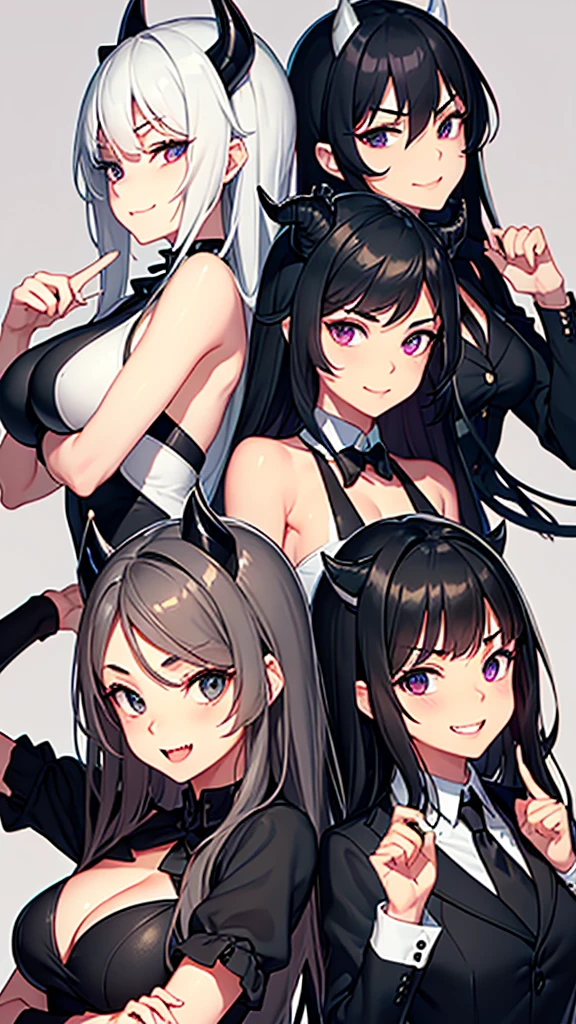 First image:pose;open mouth with sharp teeth and closed eyes Second image:pose;open mouth with sharp teeth and open eyes.
third image:pose;mouth closed with a sharp little smile and open eyes.
fourth image:pose;mouth closed with a sharp little smile and eyes closed.
(Based on this information:Get a wavy black hair,black horns on the head,gray and black clothes,black tie and white gloves,purples eyes,medium light brown skin. Generate these four image in each style shape/organized pose)